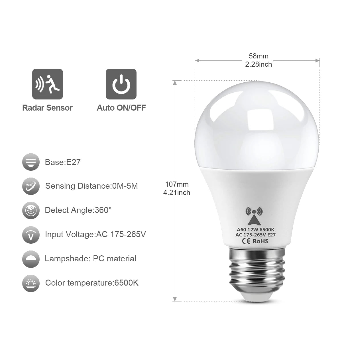 Lampadina Led E27 Con Sensore Di Movimento 220V Attivazione Automatica Luce Notturna Per Scale E Garage