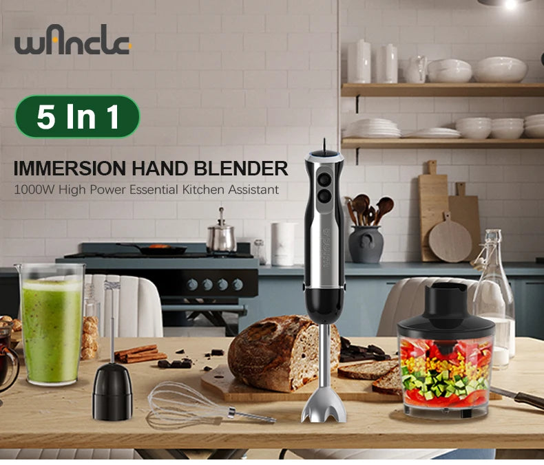 Frullatore Ad Immersione Potente 1000W 5 In 1 Con Frusta, Tritatutto, Ghiaccio E Tazza Per Smoothie