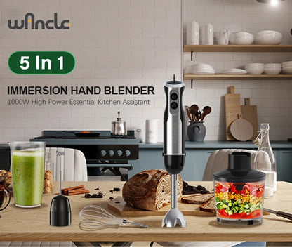 Frullatore Ad Immersione Potente 1000W 5 In 1 Con Frusta, Tritatutto, Ghiaccio E Tazza Per Smoothie