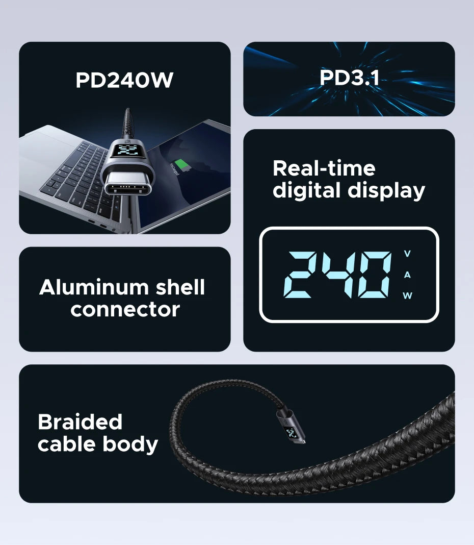 Cavo USB-C PD3.1 240W Ricarica Veloce e Trasferimento Dati, Corpo in Alluminio Nylon Intrecciato
