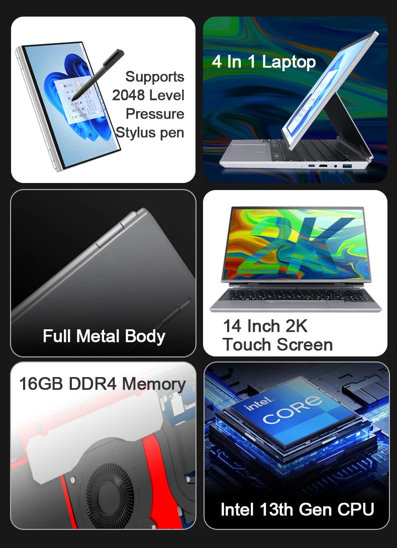 Laptop 14 Pollici Touch Screen 4 In 1 Con Windows 11 Celeron N95 16GB RAM Notebook Per Studenti