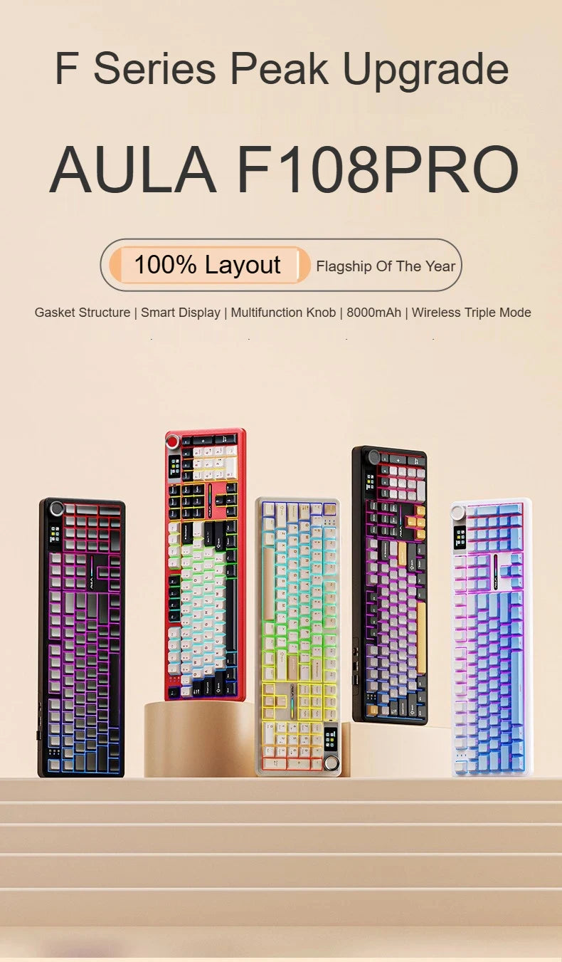 AULA F108 PRO Tastiera meccanica Layout personalizzato al 100% Retroilluminazione RGB Tastiera da gioco con interruttore Hifi Bluetooth senza fili