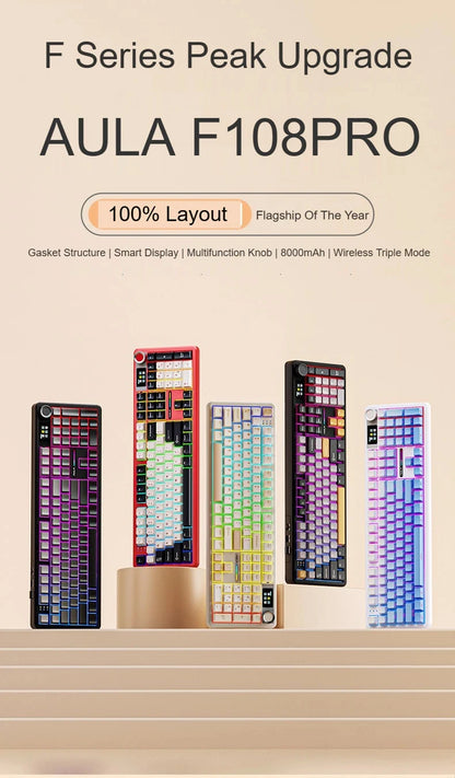 AULA F108 PRO Tastiera meccanica Layout personalizzato al 100% Retroilluminazione RGB Tastiera da gioco con interruttore Hifi Bluetooth senza fili
