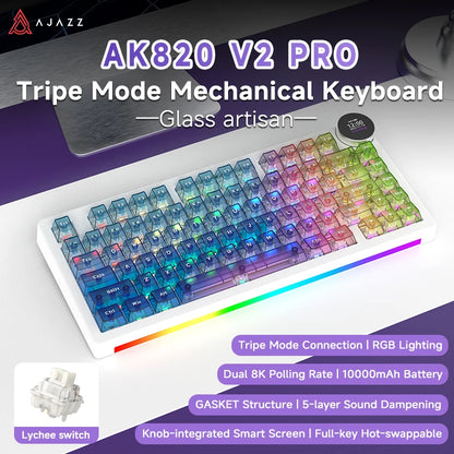Ajazz AK820V2 Pro Tastiera Da Gaming Wireless Tre Modalità Cablata Bluetooth 2.4G Batteria 10000mAh
