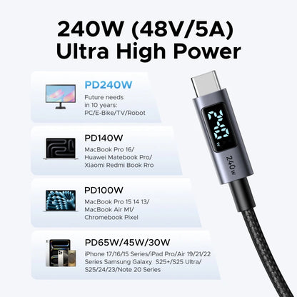 Cavo USB-C PD3.1 240W Ricarica Veloce e Trasferimento Dati, Corpo in Alluminio Nylon Intrecciato