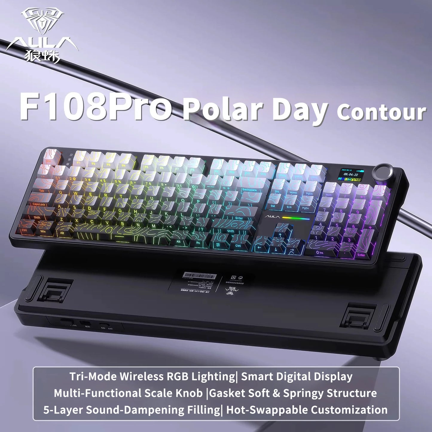 AULA F108 PRO Tastiera meccanica Layout personalizzato al 100% Retroilluminazione RGB Tastiera da gioco con interruttore Hifi Bluetooth senza fili