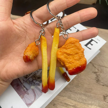 Portachiavi con patatine fritte di pollo fritto, pepite di pollo fritto, cibo simulato, modello giocattolo, portachiavi, borsa per telefono per auto, ciondolo, ornamento regalo