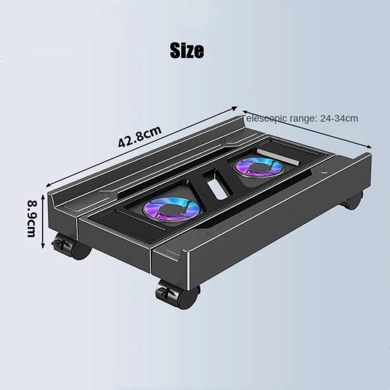 Supporto per torre per PC mobile Supporto per CPU per computer regolabile Supporto da tavolo telescopico Carrello per CPU con ventola di raffreddamento RGB Dissipazione del calore