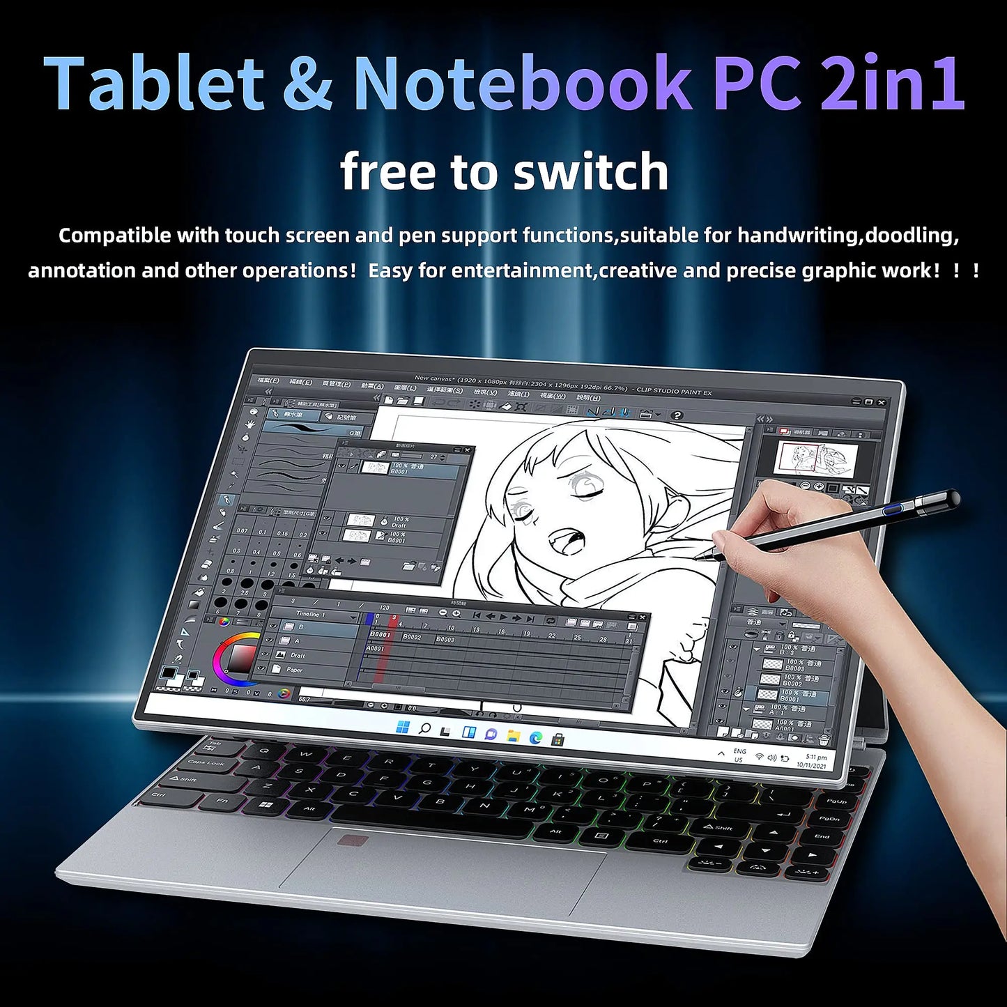 Laptop 14 Pollici Touch Screen 4 In 1 Con Windows 11 Celeron N95 16GB RAM Notebook Per Studenti