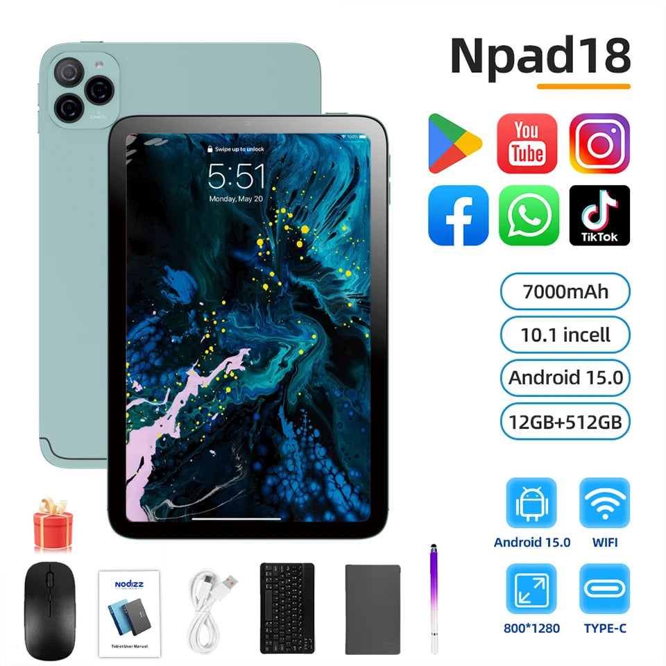 Tablet 10,1 Pollici 4G Con Chiamate RAM 12GB Memoria Interna 512GB Dual SIM Android 14 Batteria 6000mAh