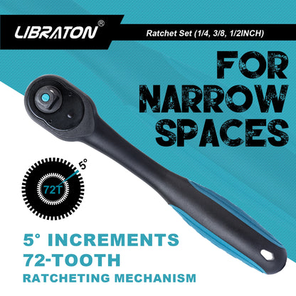 LIBRATON Chiave a cricchetto da 72 denti Maniglia a cricchetto a sgancio rapido reversibile 1/4 '' 3/8 '' 1/2 '' Drive Strumento di riparazione automatica Strumenti fai da te per la casa