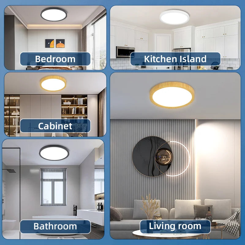 Plafoniera LED Ultra Sottile 2,2 Cm Impermeabile Con Venature Del Legno, 3 Colori Dimmerabili