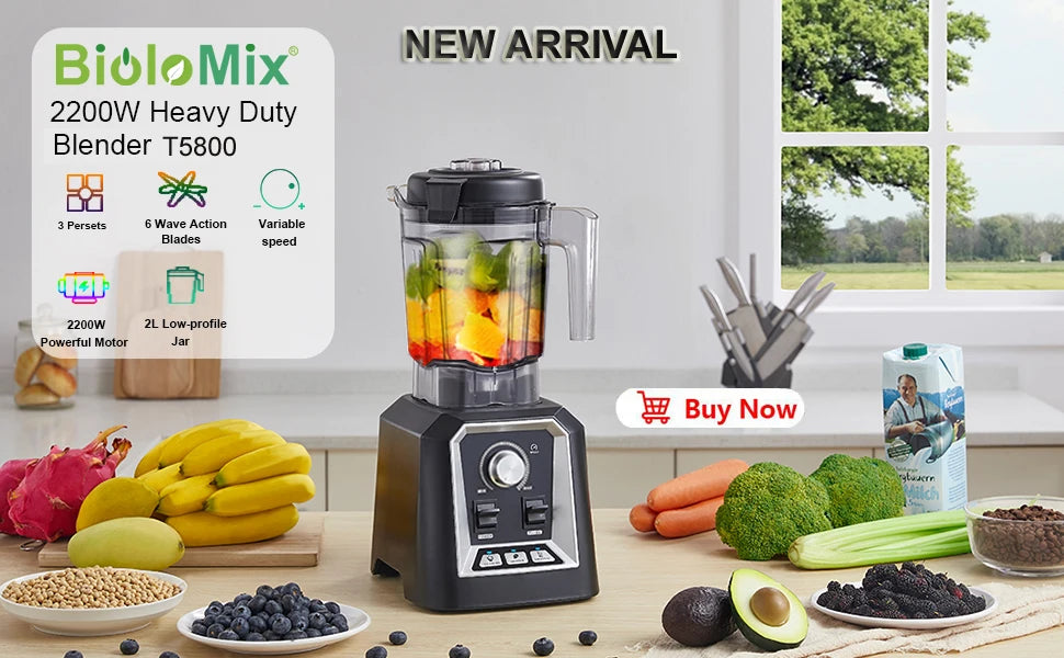 BioloMix Frullatore Potente 2200 W Con Contenitore In Tritan Da 2 L BPA Free Timer Per Frullati Di Ghiaccio