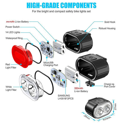Set Luci Da Bicicletta Ricaricabili Frontale E Posteriore Impermeabili USB MTB Con Alta Luminosità