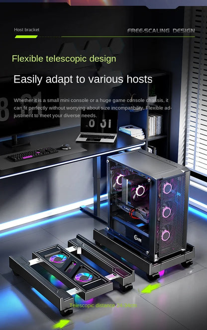 Supporto per torre per PC mobile Supporto per CPU per computer regolabile Supporto da tavolo telescopico Carrello per CPU con ventola di raffreddamento RGB Dissipazione del calore