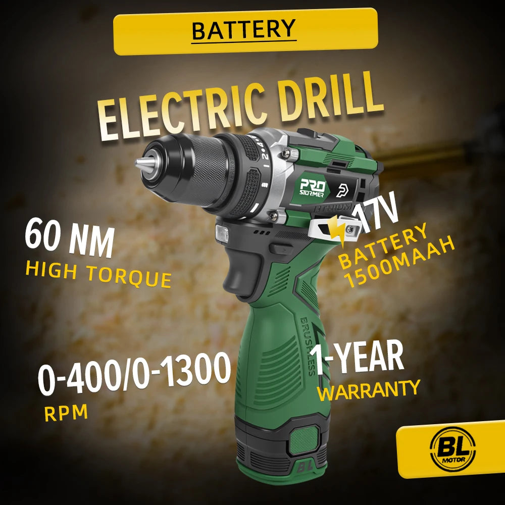 Prostormer Trapano Avvitatore Elettrico Brushless 17V 60 Nm Led Impostazioni 20 e 1 Portatile