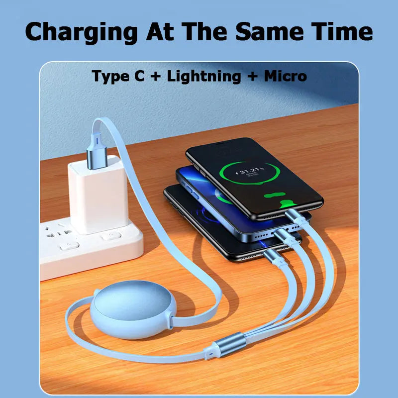 Cavo Retrattile 3 In 1 USB C Lightning Micro USB Ricarica Rapida 100 W 6 A 1,2 m Flessibile