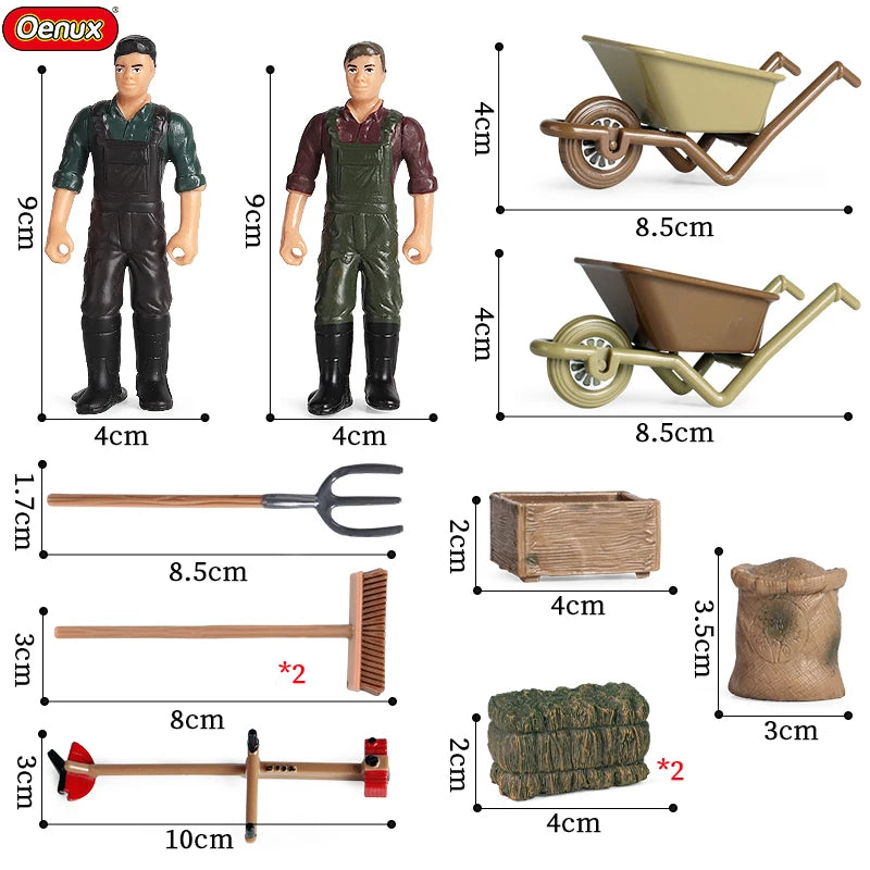 Oenux Farm House Modello Action Figures Agricoltore Moto Mucca Gallina Maiale Animali Set Figurine in miniatura PVC Simpatico giocattolo educativo per bambini