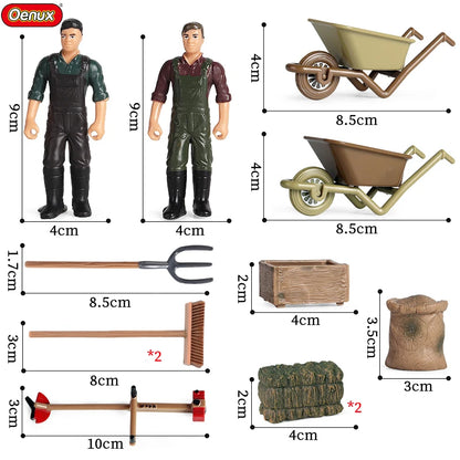 Oenux Farm House Modello Action Figures Agricoltore Moto Mucca Gallina Maiale Animali Set Figurine in miniatura PVC Simpatico giocattolo educativo per bambini