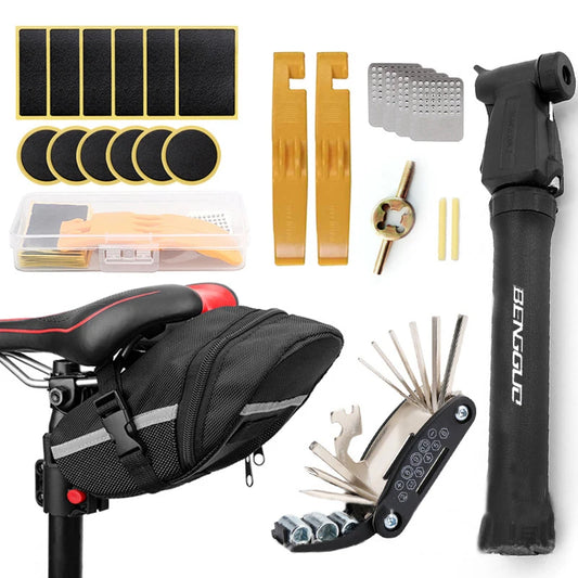 Kit di strumenti di riparazione bici portatile Kit di strumenti di riparazione biciclette Borsa da sella Pompa Patch per pneumatici Set di strumenti chiave multifunzionale Accessori