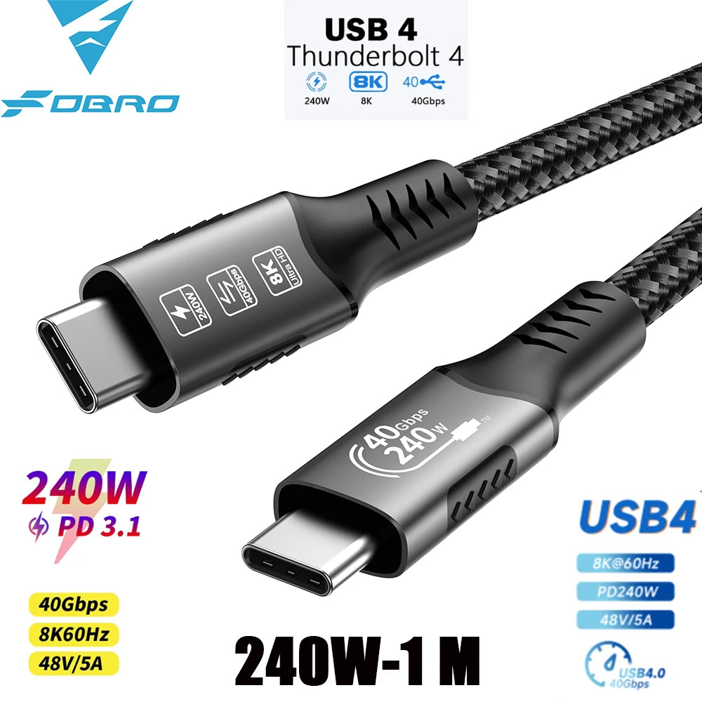 Cavo USB4 Thunderbolt 4 da USB-C a USB-C 40Gbps 240W Ricarica Rapida e Trasferimento Dati per Laptop