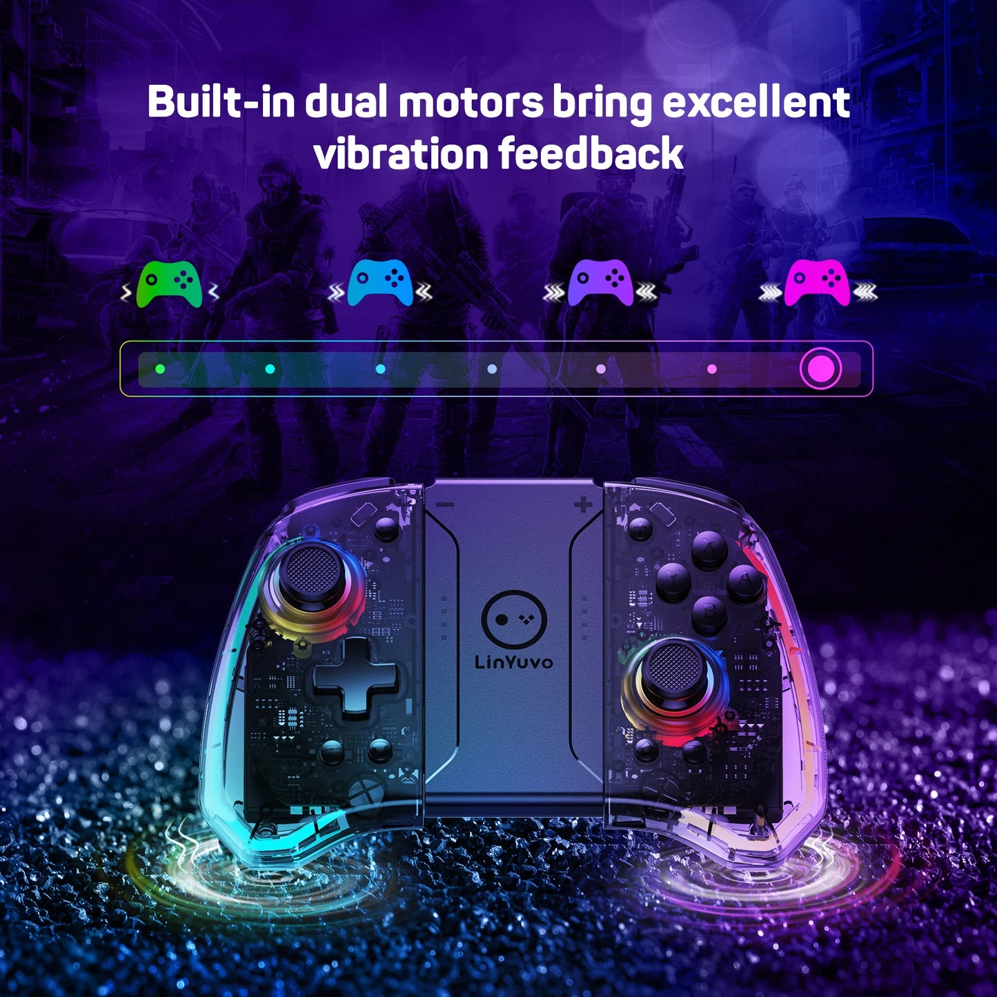 LinYuvo KS40 Gamepad wireless trasparente per Switch/OLED con LED a 8 colori, funzione Turbo. Joystick controller per Switch Lite