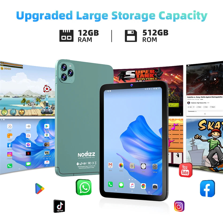 Tablet 10,1 Pollici 4G Con Chiamate RAM 12GB Memoria Interna 512GB Dual SIM Android 14 Batteria 6000mAh