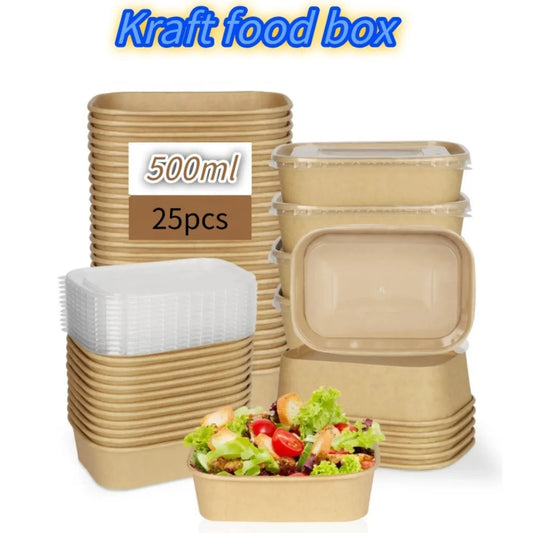 25 pz/set Scatole di Carta Kraft Usa E Getta Scatole per il Pranzo con Coperchi Ciotole per Imballaggio di Fast Food Bento Box per la Catering Da Asporto