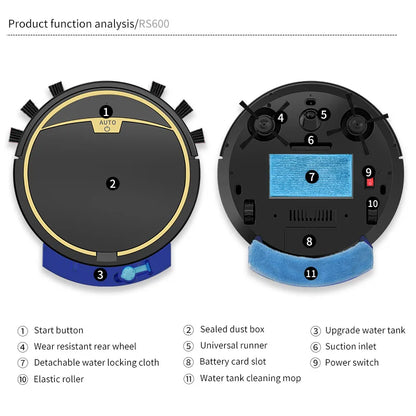 Aspirapolvere Robot Smart 2800 Pa Senza Fili Controllo Remoto Pulisce Pavimenti Asciutti e Bagnati