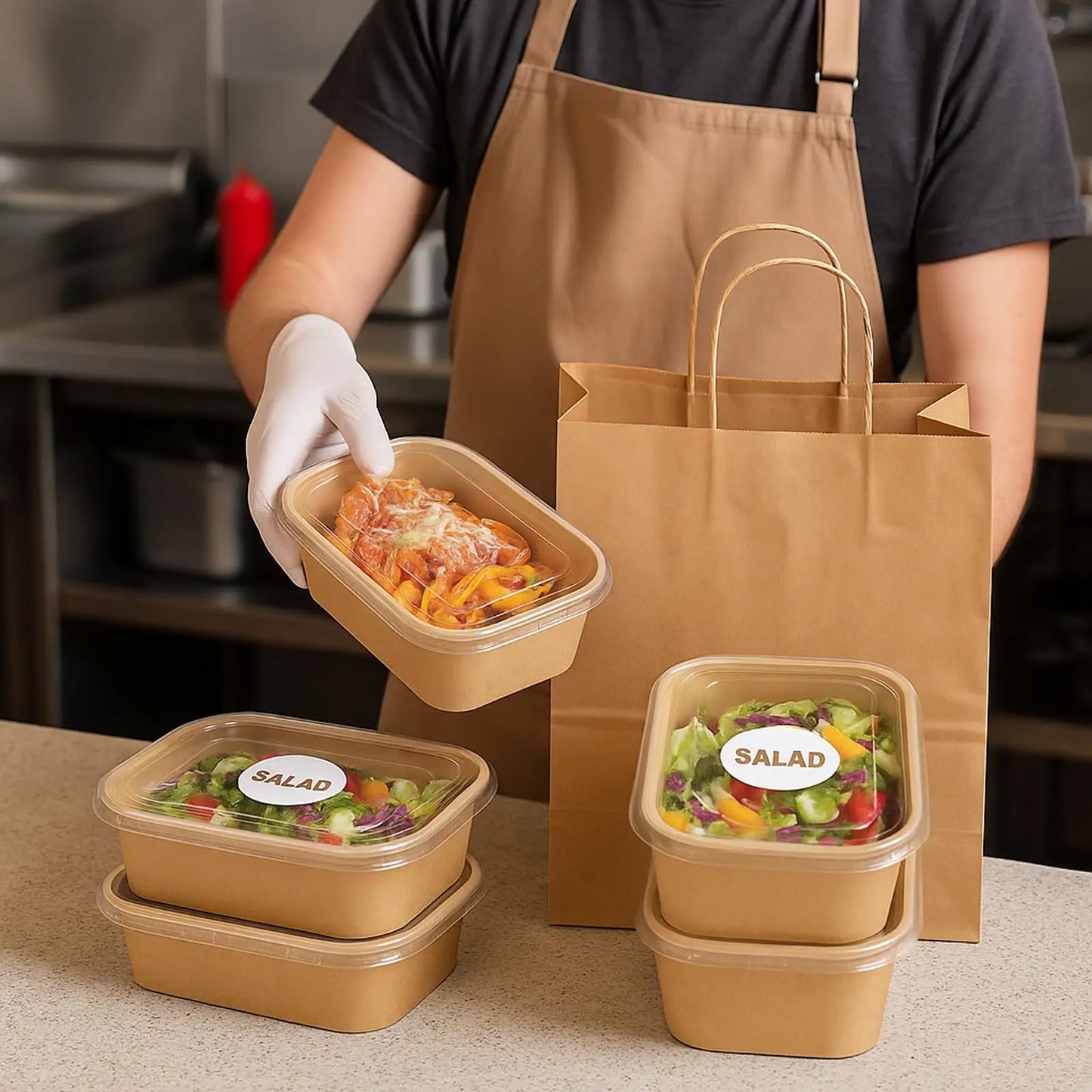 25 pz/set Scatole di Carta Kraft Usa E Getta Scatole per il Pranzo con Coperchi Ciotole per Imballaggio di Fast Food Bento Box per la Catering Da Asporto
