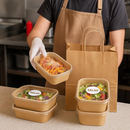 25 pz/set Scatole di Carta Kraft Usa E Getta Scatole per il Pranzo con Coperchi Ciotole per Imballaggio di Fast Food Bento Box per la Catering Da Asporto