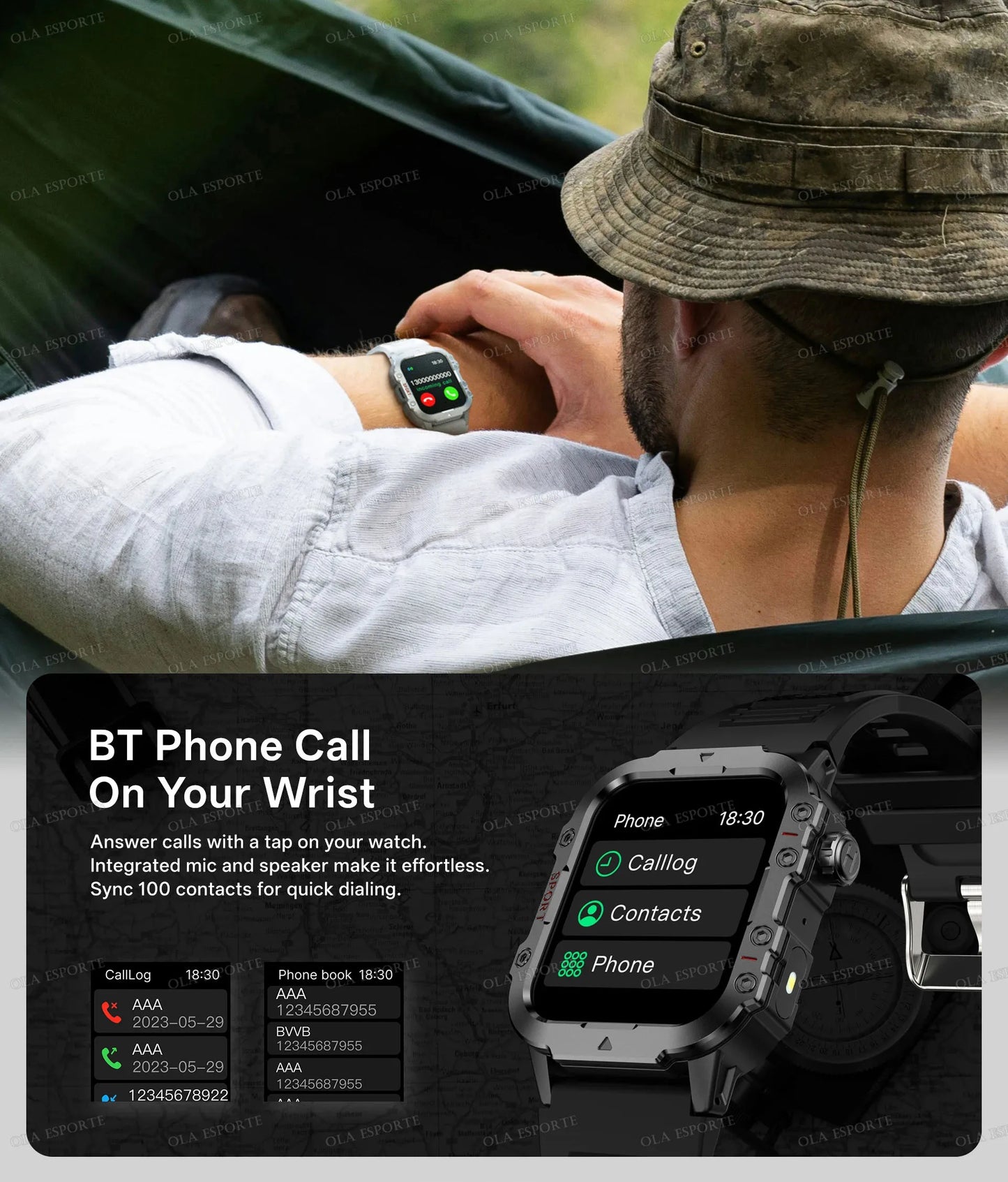 2025 Nuova Torcia Elettrica Militare Astuto Della Vigilanza Degli Uomini IP68 5ATM Sport All'aria Aperta Fitness Tracker Monitor di Salute 1.44 Pollici BT Chiamata Smartwatch