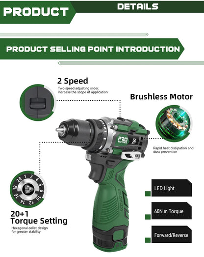 Prostormer Trapano Avvitatore Elettrico Brushless 17V 60 Nm Led Impostazioni 20 e 1 Portatile