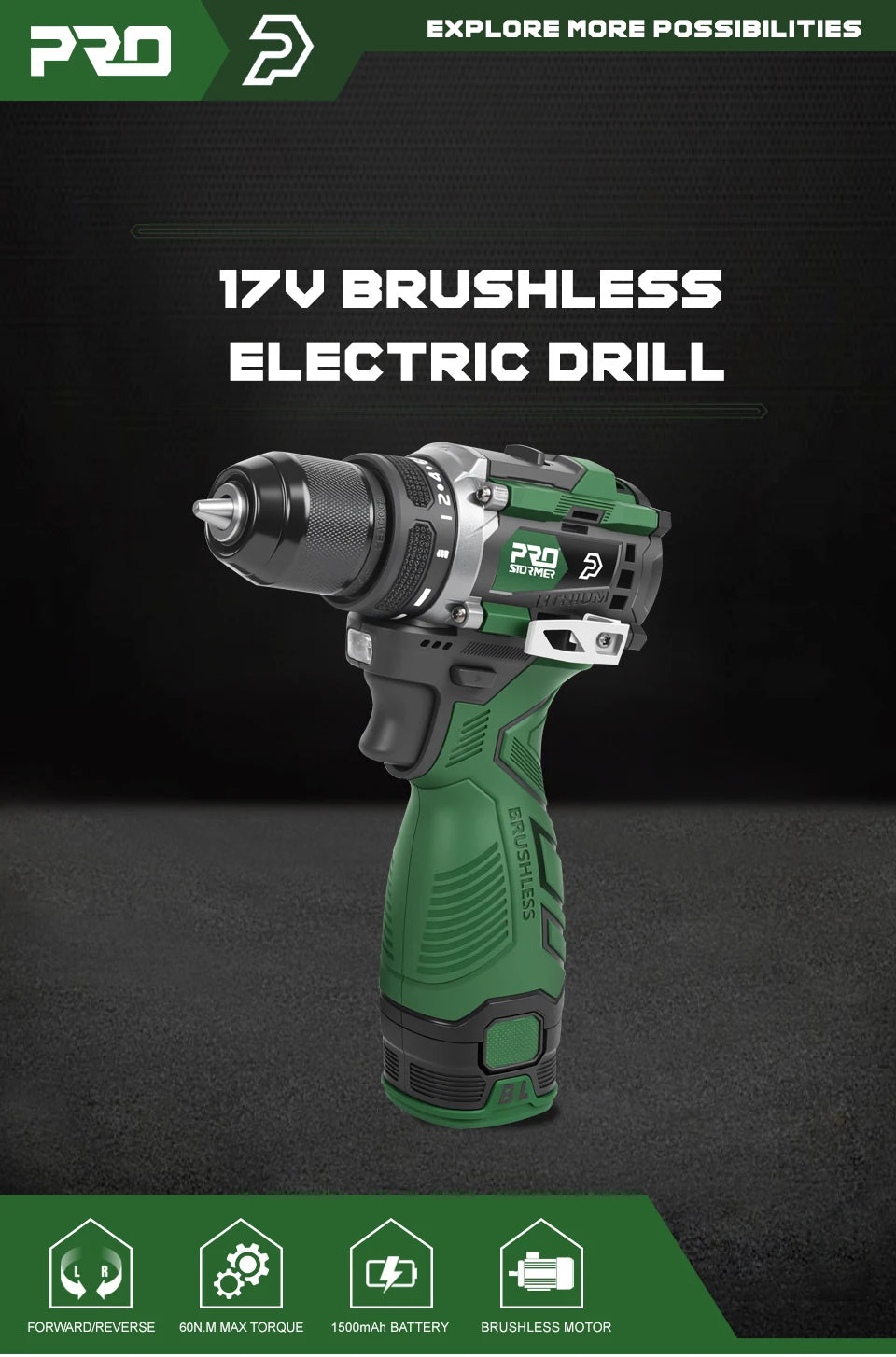 Prostormer Trapano Avvitatore Elettrico Brushless 17V 60 Nm Led Impostazioni 20 e 1 Portatile