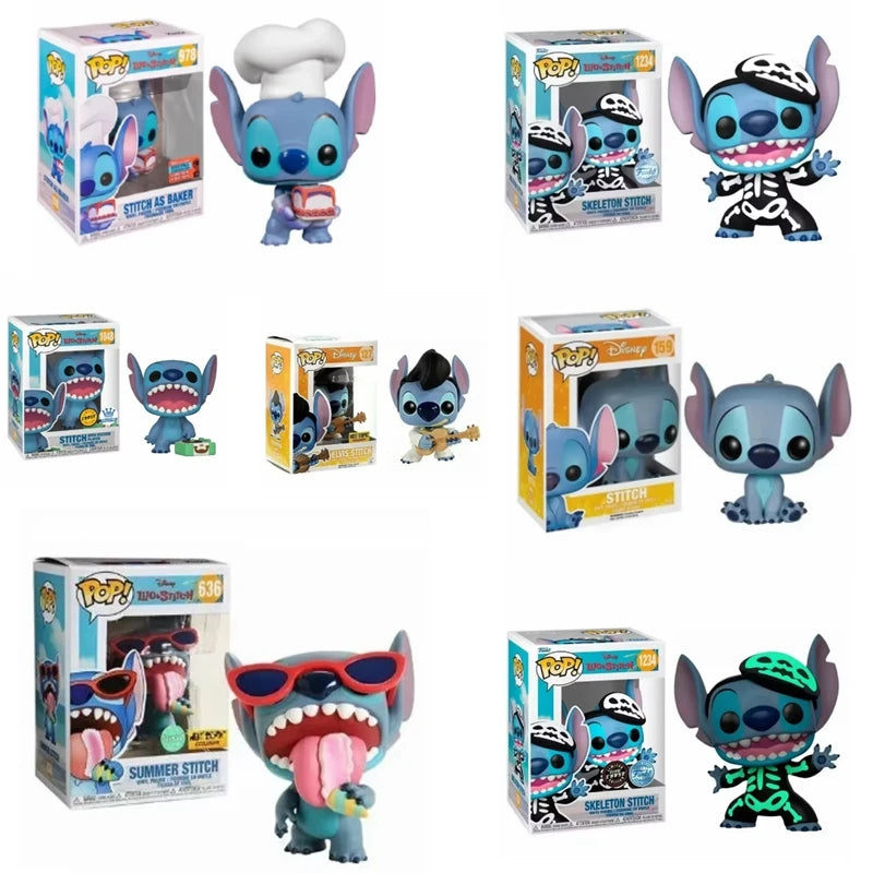 Disney Stitch Funko Pop Summer Stitch # 636 Punto scheletro 1234 #   Punto Elvis # 127 Punto # 159 Figure in vinile Regalo di giocattoli carvinali