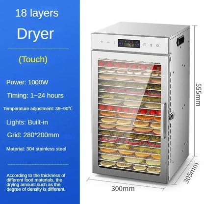 Essiccatore Alimentare a Strati con Pannello Touch Controllo Temperatura e 6/8/12/18 Ripiani in Acciaio Inossidabile