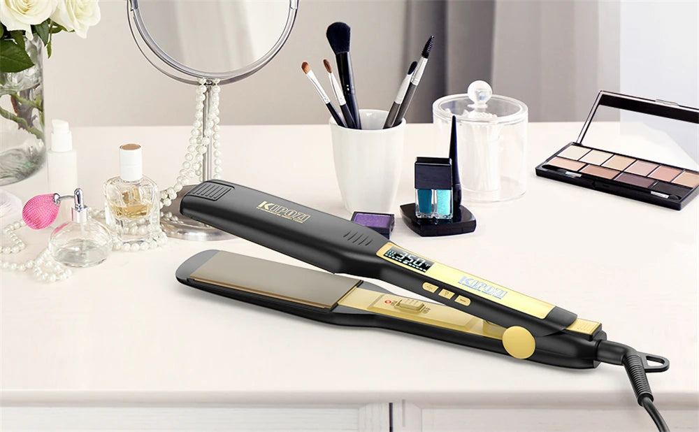 Piastra per capelli professionale KIPOZI in ferro piatto al titanio con display LCD digitale Ferro arricciacapelli a riscaldamento istantaneo a doppia tensione