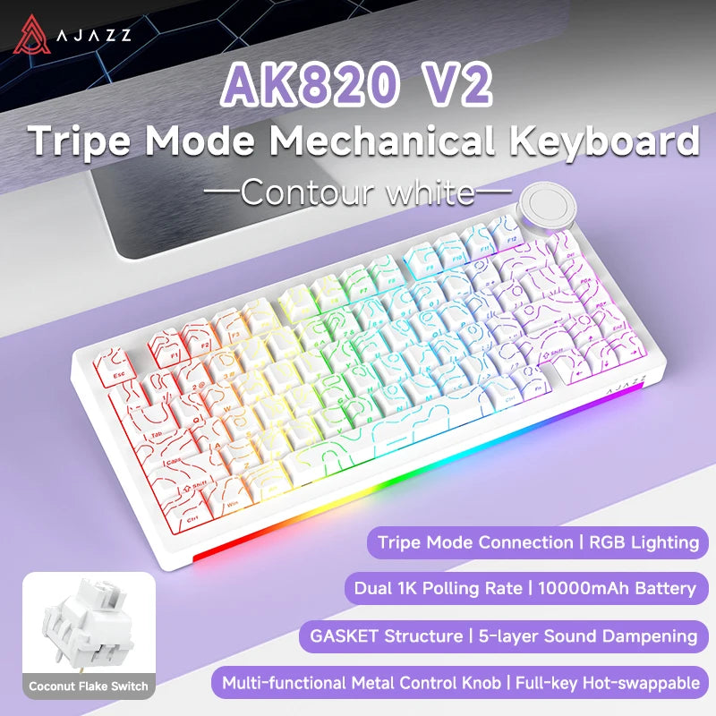 Ajazz AK820V2 Pro Tastiera Da Gaming Wireless Tre Modalità Cablata Bluetooth 2.4G Batteria 10000mAh