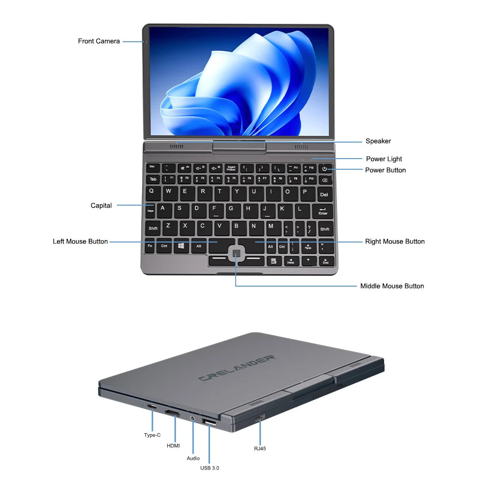 Crelander P8 Mini Laptop Da Gioco 8 Pollici Schermo Touch Intel Alder Lake N100 12GB DDR5 Windows 11 WiFi 6