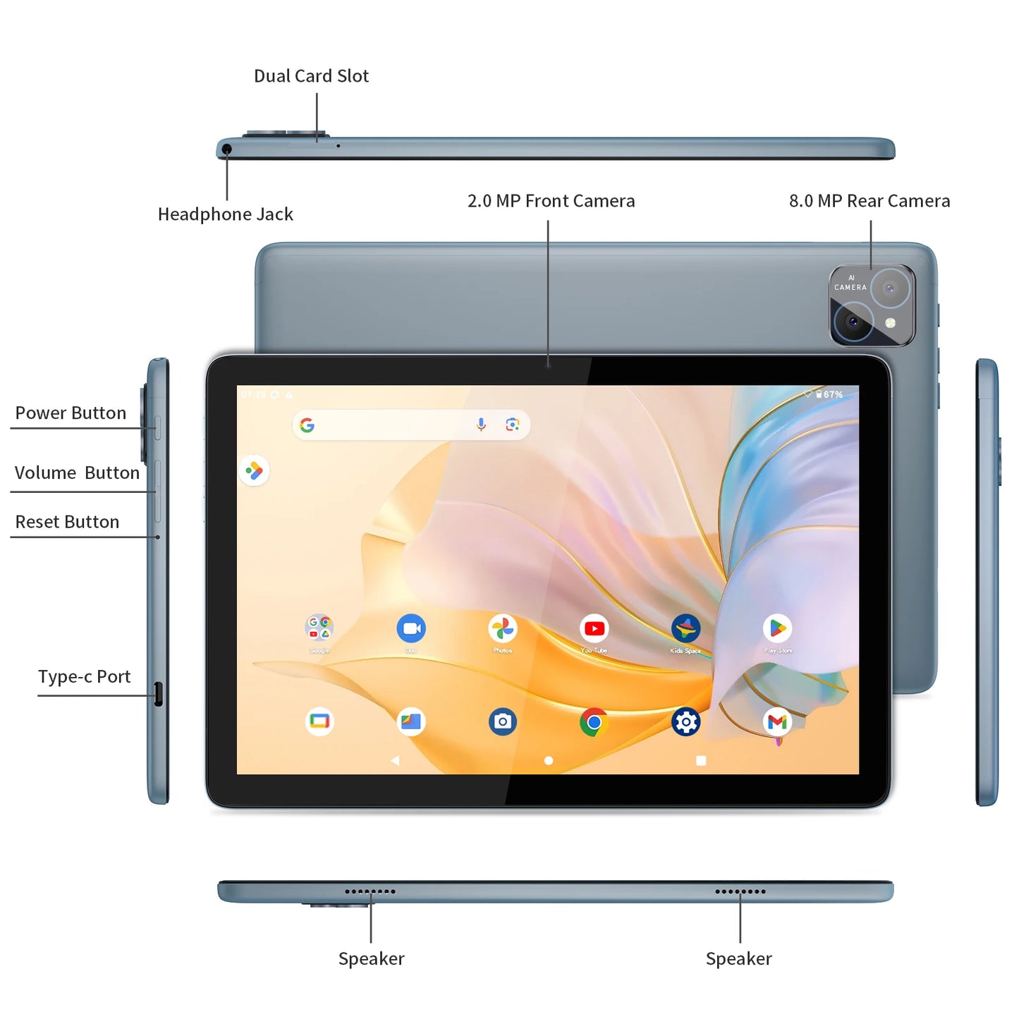 Pritom Tab11 Tablet Android 14 Da 10 Pollici Con 8 GB RAM E 128 GB ROM Octa Core WiFi 5G Tastiera E Custodia