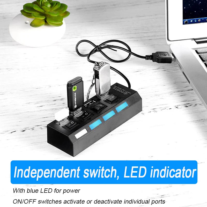 Espansore Usb Hub 2.0 Ad Alta Velocità Con 4 Porte E Interruttore Led Per Pc Portatile