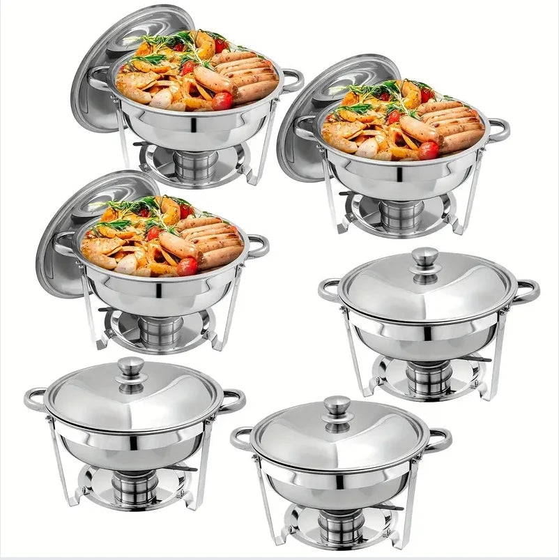 Set Da 6 Scaldavivande Rotondi In Acciaio Inossidabile 5 Litri Con Vassoi Per Cibo E Bevande Per Buffet