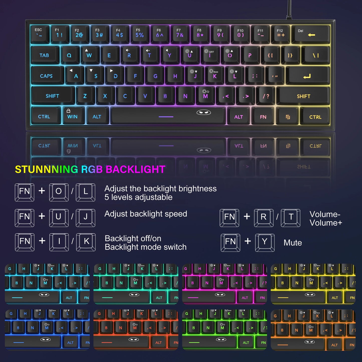 Tastiera Da Gioco MageGee Mini 60 Per Cento Con 61 Tasti Retroilluminata Rgb Ergonomica Impermeabile TS91