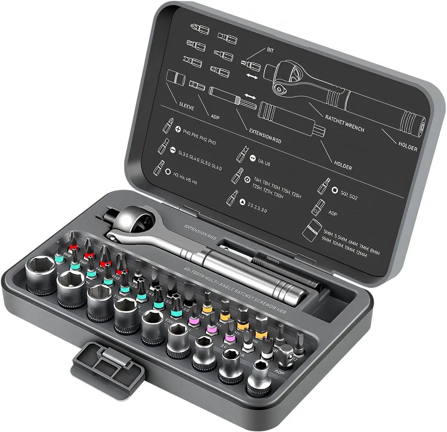 Set Cacciaviti Cricchetto Magnetici 40 in 1 con Manico Rimovibile Testa a 180 Gradi per Riparazioni Elettroniche