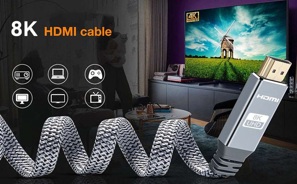 Cavo HDMI 2.1 Piatto Intrecciato 48Gbps, 8K60, 4K120, 144Hz Con 3D eARC HDCP 2.2 e 2.3 Compatibile Roku TV PS5