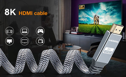 Cavo HDMI 2.1 Piatto Intrecciato 48Gbps, 8K60, 4K120, 144Hz Con 3D eARC HDCP 2.2 e 2.3 Compatibile Roku TV PS5