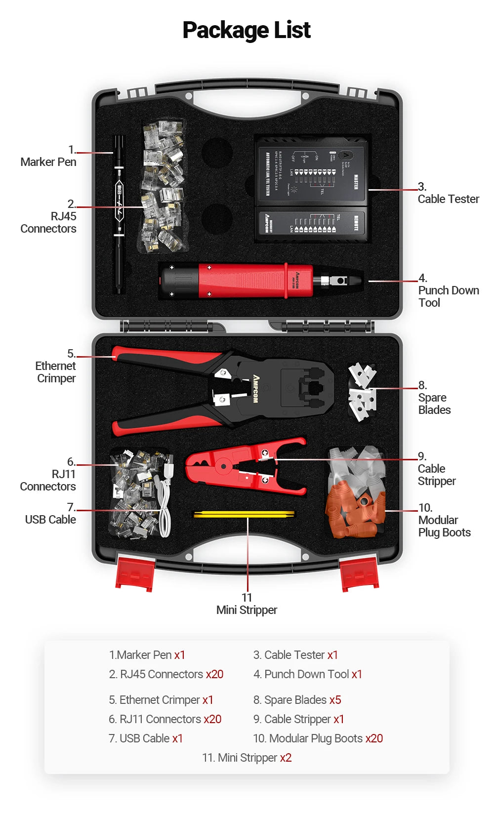 Kit Strumenti Rete 12 In 1 Per Cablaggio Ethernet Crimpatrice RJ45 RJ11 Tester Lan Riparazione Cavi