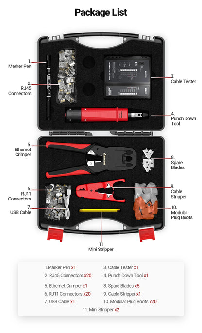 Kit Strumenti Rete 12 In 1 Per Cablaggio Ethernet Crimpatrice RJ45 RJ11 Tester Lan Riparazione Cavi
