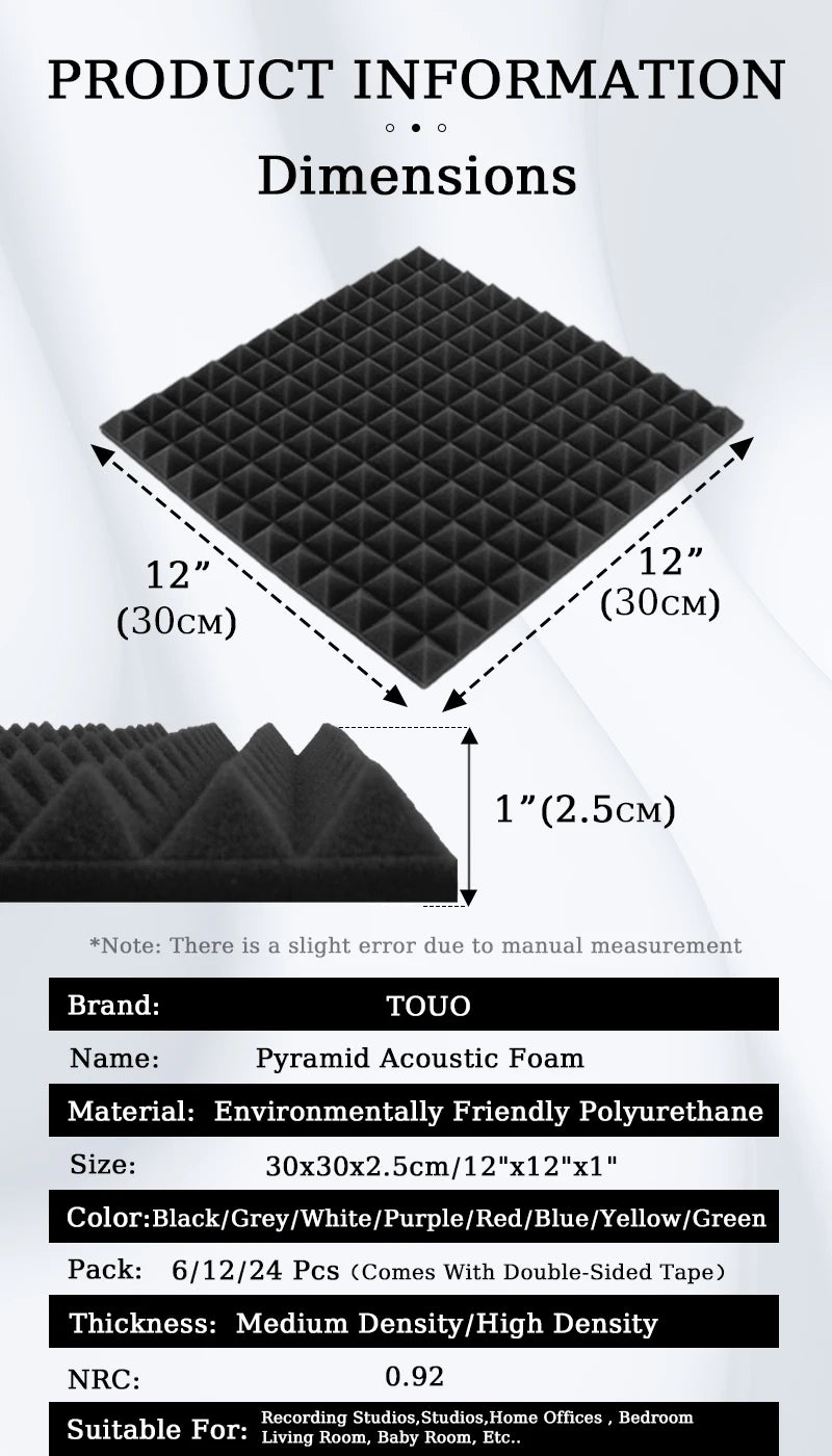 TOUO Schiuma Acustica 6/12/24 Pcs Isolamento Acustico Piramide Pannello Fonoassorbente Home Studio Trattamento Acustico Per La Camera Da Letto