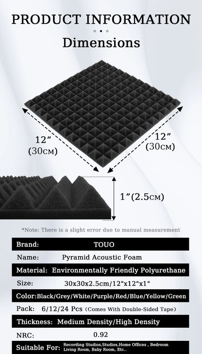 TOUO Schiuma Acustica 6/12/24 Pcs Isolamento Acustico Piramide Pannello Fonoassorbente Home Studio Trattamento Acustico Per La Camera Da Letto